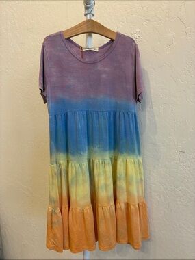 Fairwell Tie-Dye Tiered Dress in Purple, Blue, Yellow, Orange